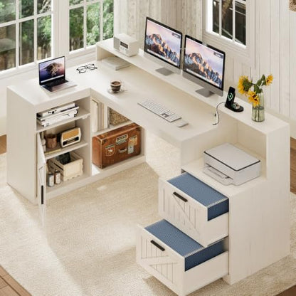 63" Farmhouse L Shaped Desk with Drawers and Printer Stand for Home Office - color: White