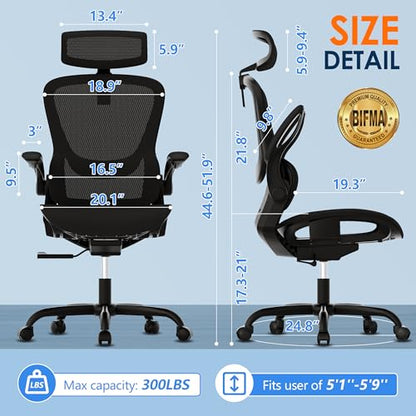 Ergonomic Mesh Office Chair, Adjustable Home Desk Chair with Folding Armrest, 2D Headrest, Soft Seat and PU Wheel, Black Swivel Task Chair for Office, Business, Student (GY1108) - color: Black