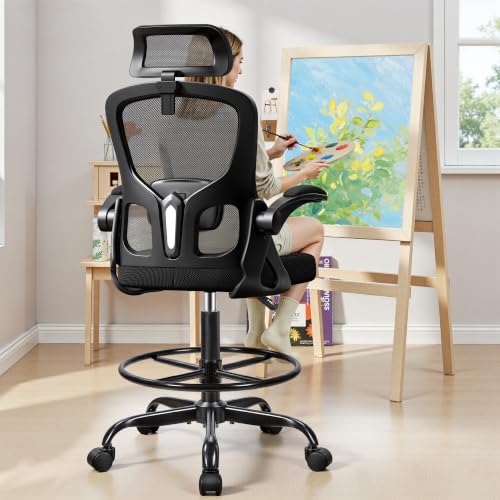 Drafting Chair, Tall Office Chair for Standing Desk, Ergonomic High Back with Headrest, Lumbar Support, Foot Ring and Flip-up Armrests, Black - color: Black