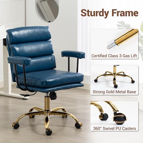 Faux Leather Home Office Desk Chair, Ergonomic Executive Computer Chair with Gold Base, Padded Seat and Armrests, Adjustable Height Swivel Makeup Vanity Chair with Wheels, Blue - color: Blue