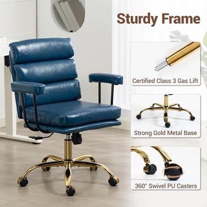 Faux Leather Home Office Desk Chair, Ergonomic Executive Computer Chair with Gold Base, Padded Seat and Armrests, Adjustable Height Swivel Makeup Vanity Chair with Wheels, Blue - color: Blue