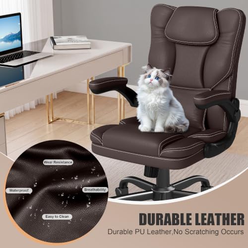 Executive Office Chair Flip Up Arms Lumbar Support Home Office Desk Chair - color: Coffee