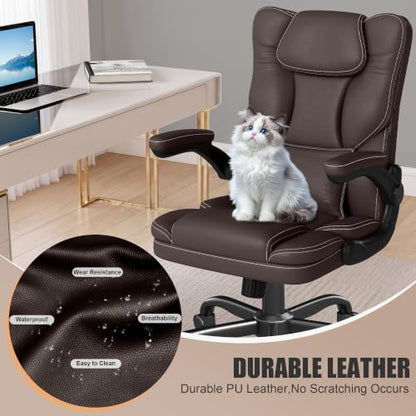 Executive Office Chair Flip Up Arms Lumbar Support Home Office Desk Chair - color: Coffee