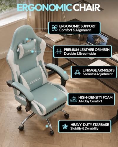 Dowinx Ergonomic Gaming Chair with Footrest & Massage Lumbar, 2D-Linkage Armrests for Computer Chair 330lbs with Headrest Pillow for Office, Home, Streaming and Long Gaming Sessions, Fabric Blue White - color: Blue White
