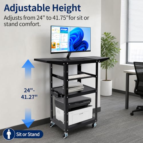 Mobile AV Cart with Power Outlet Adjustable Computer Workstation | Steel Rolling Media Utility Cart with Fold Side Shelves,Pullout Keyboard Tray,Locking Casters for Office Classroom Home - size: 24x18x41.75in