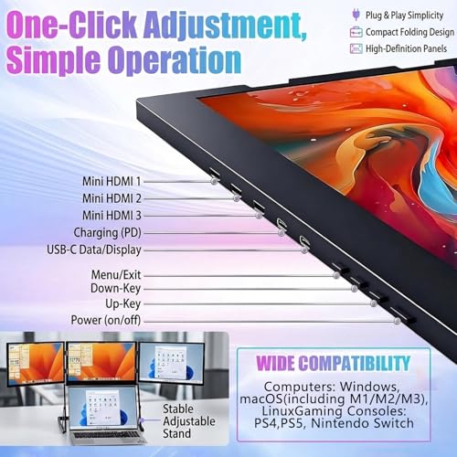 Triple Aero 15.6 Pro Max 3 Screen Monitor with 1080p FHD IPS Display, Ideal for Presentations and Remote Work, with 360° Rotation Adjustable Viewing Angles