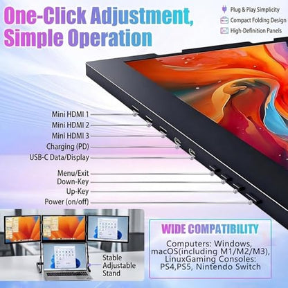 Triple Aero 15.6 Pro Max 3 Screen Monitor with 1080p FHD IPS Display, Ideal for Presentations and Remote Work, with 360° Rotation Adjustable Viewing Angles