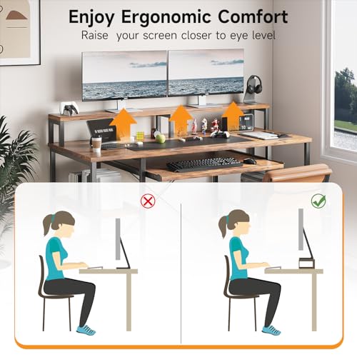 VERMESS 48Inch Computer Desk, Home Office Desks with Keyboard Tray, Gaming Desk with CPU Stand Shelf,Industrial Study Table Wide Writing Desk with Storage Shelves for 2 Monitors, Rustic Brown - color: Rustic Brown
