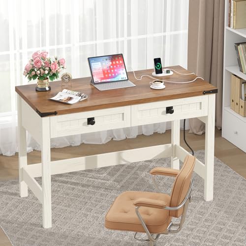 39 Inch Farmhouse Small Computer Desk with Drawers for Bedroom, Home Office - color: Antique White