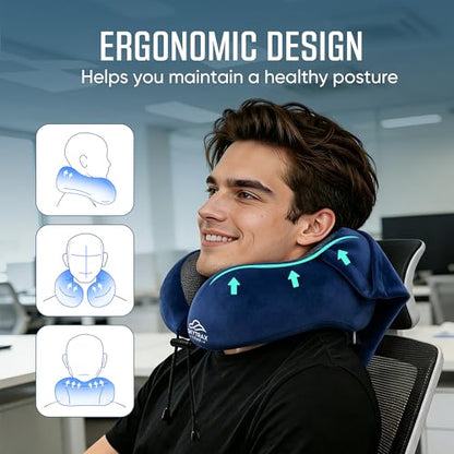 SkytraxComf® Travel Neck Pillow with Hood for Privacy on Long Flights | Memory Foam | Airplane Sleep | Safety-Tested Materials | Extra Large Hood | Chin Support | Earplugs | Washable Cover - color: Navy Blue