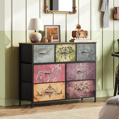 WLIVE 7 Drawer Dresser TV Stand, Entertainment Center, Media Console Table with Metal Frame and Wood Top for TV up to 45 inch, Chest of Drawers for Bedroom, Living Room, Pattern - color: Pattern