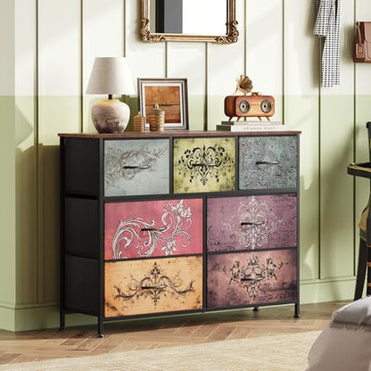 WLIVE 7 Drawer Dresser TV Stand, Entertainment Center, Media Console Table with Metal Frame and Wood Top for TV up to 45 inch, Chest of Drawers for Bedroom, Living Room, Pattern - color: Pattern