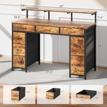 HLDIRECT 47 Inch Gaming Desk with LED & 8 Storage Drawers, Rustic Brown - color: Rustic Brown