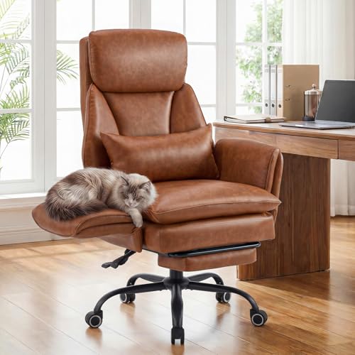 Big and Tall Office Chair, Ergonomic Computer Desk Chair with Footrest, Wide Seat Reclining Gaming Chair, Flip Armrests for Cross Legged Sitting, Heavy Duty Support up to 400LBS, PU, Brown - color: Brown
