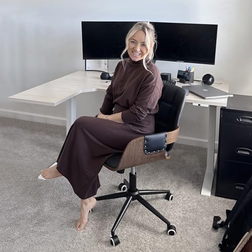 Conference Table Chair with Walnut Finish,Mid Century Modern Office Chair | Ergonomic Curved Back, Bentwood Frame, 360° Swivel & Rocking Function, Height Adjustable 19"-23", Support Up to 350lbs - color: Walnut Black