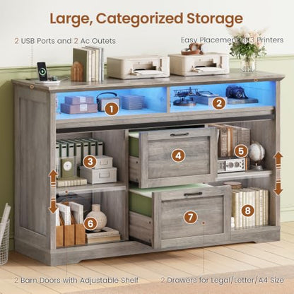 SEDETA 47.2" File Cabinet, 2 Drawers Filing Cabinets for Home Office fit Legal/Letter/A4 File, Farmhouse File Cabinet with Barn Door & Power Outlets, Printer Stand with Storage & LED Lights, Grey - color: Grey