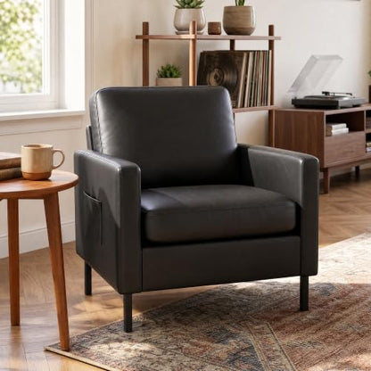 Mid Century Black Leather Mordern Accent Arm Chairs for Living Room | AODAILIHB Cloud Small Sofa With 2 Side Pockets Thick Cushion, Comfy Couch with Metal Leg for Office/Waiting Room/Bedroom/Dorm - size: 1 chair