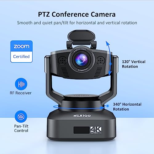 Zoom Certified, NexiGo N990 (Gen 2) 4K PTZ Webcam, Video Conference Camera System with 5X Digital Zoom, Sony_Starvis Sensor, Position Preset, Dual Stereo Mics, 3.5mm Audio Jacks for External Mics - color: Grey
