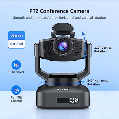 Zoom Certified, NexiGo N990 (Gen 2) 4K PTZ Webcam, Video Conference Camera System with 5X Digital Zoom, Sony_Starvis Sensor, Position Preset, Dual Stereo Mics, 3.5mm Audio Jacks for External Mics - color: Grey