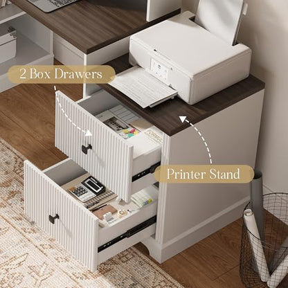 67" Farmhouse L Shaped Desk with Drawers and Printer Stand for Home Office, Computer Desk with Power Outlet, Home Office Desk with Storage Shelves and Monitor Stand, Computer Writing Desk, White