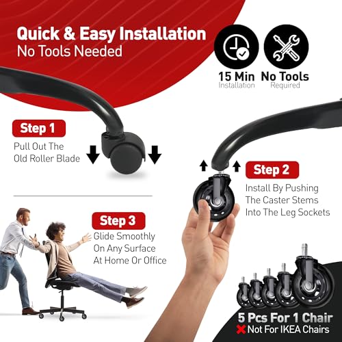 RIVEDA Office Chair Caster Wheels Set of 5 - Smooth 3 inch Heavy-Duty Replacement Rubber Wheels for Gaming & Desk Chair - Easy to Install, Suitable for Hardwood Floors, Carpet, Tiles (Black) - color: Black