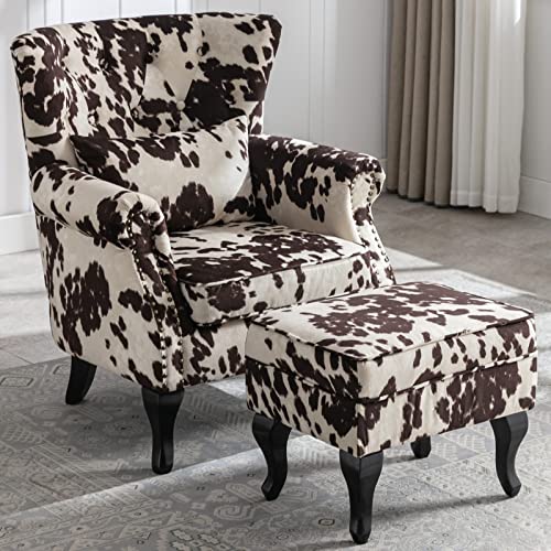 LZAREAL Accent Reading Arm Chairs with Ottoman for Living Room Bedroom, Midcentury Modern Comfy Corner Sofa Chair, Wingback Waiting Room Club Chair with Button Tufted Back &Lumbar Pillow, Fabric Cow - color: Fabric Cow, size: 1 Chair W/ Ottoman