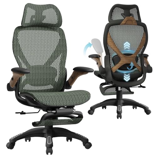 ELABEST X100 Ergonomic Mesh Office Chair with Footrest, Big and Tall Home Desk Chair with 5D Flip-Up Arms, Adjustable 3D Lumbar Support, Gaming & Executive Computer Chair (Forest Ranger) - color: Forest Ranger
