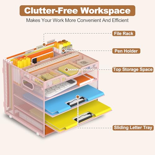 Docnest 5 Tier Desk Organizer with Hanging File Folder Holder&Tray, Pink - color: Pink, size: 12.6" x 11.8" x 10.3"