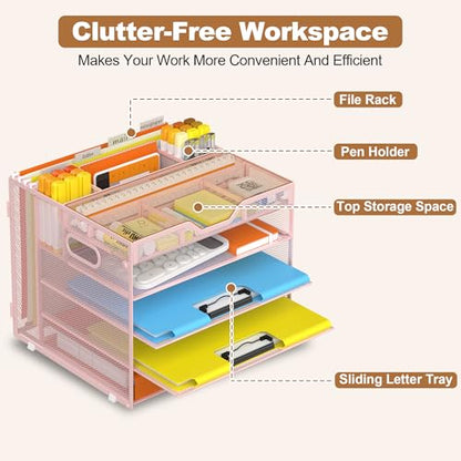 Docnest 5 Tier Desk Organizer with Hanging File Folder Holder&Tray, Pink - color: Pink, size: 12.6" x 11.8" x 10.3"