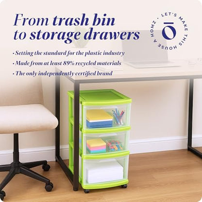 HOMZ Drawer Tower, 3-Tier Storage Cart with Removable Wheels, Bold Lime - color: Bold Lime, size: 1 Pack