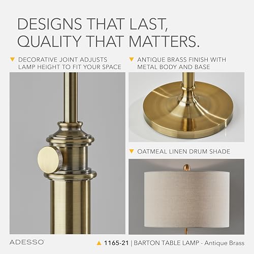 Adesso Table Lamp, Antique Brass & Oatmeal, Adjustable Height, 34.5” - color: Antique Brass, size: Table Lamp
