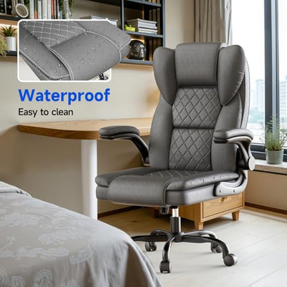Ergonomic Executive PU Leather Office Chair with Lumbar Support, Home Office Desk Chair for Back Pain Relief, 135° Recline - color: Grey