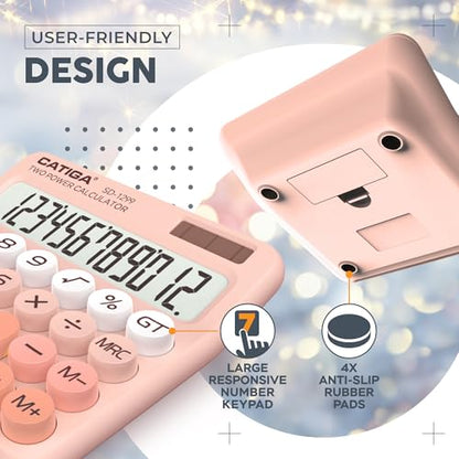 CATIGA Mechanical Switch Calculator with Solar and Battery Dual Power, 12-Digit Large LCD Display, Aesthetic and Cute Desktop Calculator with Big Button, for Home, School and Office Use, SD-1299 - color: Z) Peach