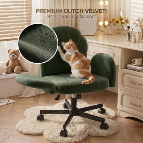 Bestier Criss Cross Office Chair with FILP-Up Armrests, Green Velvet | Rocking Recline,Swivel Makeup Vanity Chair with 5-Level Folding Armrest, Cross Legged Desk, Adjustable Height Swivel Chair - color: Green Velvet