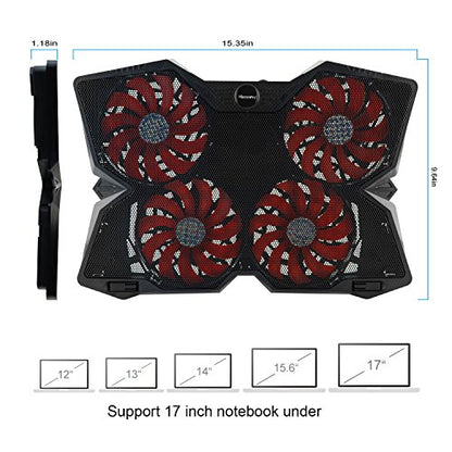 Portable Metal Mesh Laptop Cooler Cooling Pad, 4 Quiet Fans w/Red LED Light, Adjustable Height, Up to 17" Inch Notebook, 2 USB Interface w/Speed Control Switch, Non-Slip - Black (11148) - size: 4 Quiet Fans w/Red LED Light