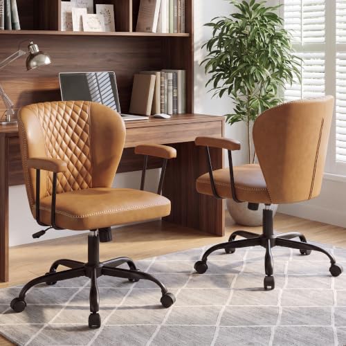 MALOL Leather Office Chair Set of 2 with Removable Arms, Brown | Modern Comfortable Desk Chair with Wheels, Adjustable Ergonomic Computer Office Chairs for Desk with Lumbar Support - color: Brown, size: Set of 2