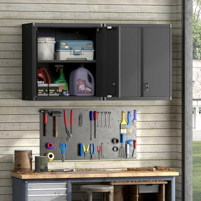 Steel Wall Cabinet, Metal Locking Wall Cabinet, Hanging Metal Cabinet for Garage Tool Storage, Wall Mount Tool Cabinet for Garage, Laundry Room, Office, Black - color: 28"h - Black