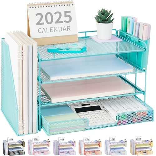 Desk Organizer, 4-Tier Desktop File Organizer with Drawer and Pen Holders, Office Desk Accessories, File Sorters, Workspace Organizers for Office Supplies(Teal Blue) - color: Teal Blue, size: 4T