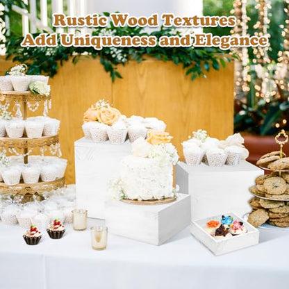 6 Pack Wooden Risers Display Stands Square Food Risers for Buffet Party Rustic Wood Cake & Cupcake Stands Nesting Box Wooden Crates for Display - color: White
