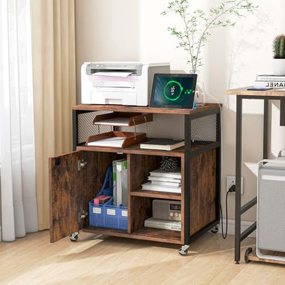 Rolling File Cabinet, Printer Stand with Charging Station (Brown) | Mobile Lateral Filing Cabinet | Adjustable Shelf & Metal Frame | Lockable Wheels | For Home Office & Small Space - color: Brown