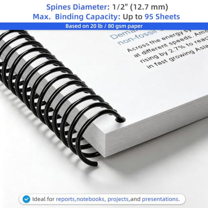 Rayson 1/2" Spiral Binding Coils, 4:1 Pitch, 95 Sheets, Black, 100 Pack - size: 1/2" (95 Sheets Capacity)