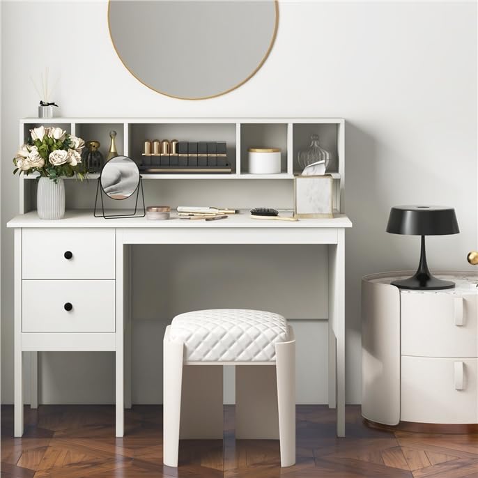 LDAILY Modern Home Office Desk with Hutch, Office Desk with USB Charging Ports and Power Outlets, Computer Desk with 5 Storage Cubbies and 2 Drawers, Writing Study Desk for Bedroom (White) - color: White