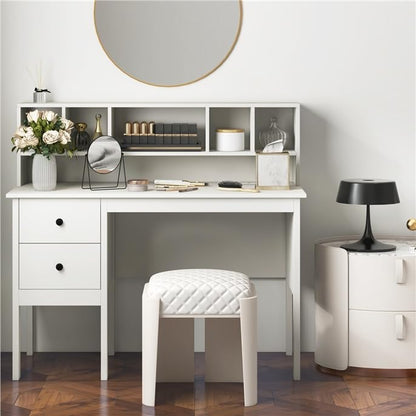 LDAILY Modern Home Office Desk with Hutch, Office Desk with USB Charging Ports and Power Outlets, Computer Desk with 5 Storage Cubbies and 2 Drawers, Writing Study Desk for Bedroom (White) - color: White