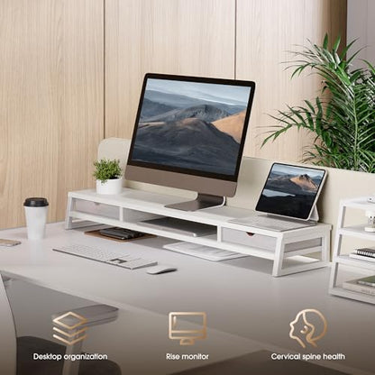 Fenge Dual Monitor Stand Riser, 42.5in Desk Shelf with 2 Drawers, White - color: White