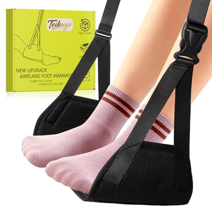 Airplane Foot Hammock, Travel Essentials Thickened Bamboo Foot Rest for Plane Travel with Adjustment Strap, Long Flight Must Haves (1-pcs Black)