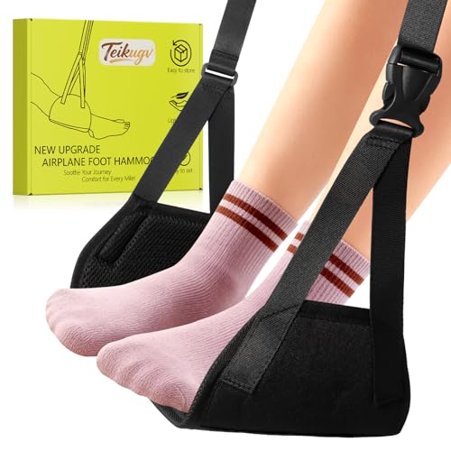 Airplane Foot Hammock, Travel Essentials Thickened Bamboo Foot Rest for Plane Travel with Adjustment Strap, Long Flight Must Haves (1-pcs Black)