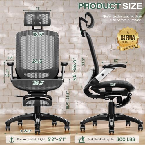 GABRYLLY Ergonomic Office Chair, High Back Home Desk Chair with Footrest,3D Headrest, Flip-Up Arms, 135° Tilt and Wide Cushion, Heavy Duty Mesh Chairs for Task Computer Gaming, Black - color: Obsidian Black