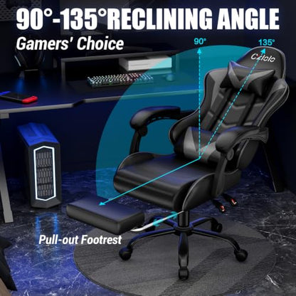 Czlolo Gaming Chair with Footrest Racing Style Lumbar Support Massager Video Game Chair with Metal Legs, High Back Reclining Gamer Chair with Headrest, 360° Swivel Office Computer Desk Chair (Gray) - color: Grey