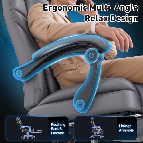 DurayLoly Big and Tall Office Chair, Retractable Footrest, 145° Recline - color: Grey