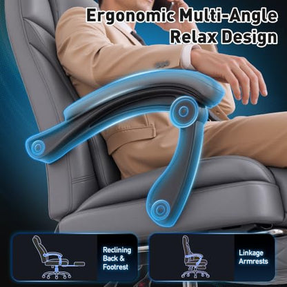 DurayLoly Big and Tall Office Chair, Retractable Footrest, 145° Recline - color: Grey